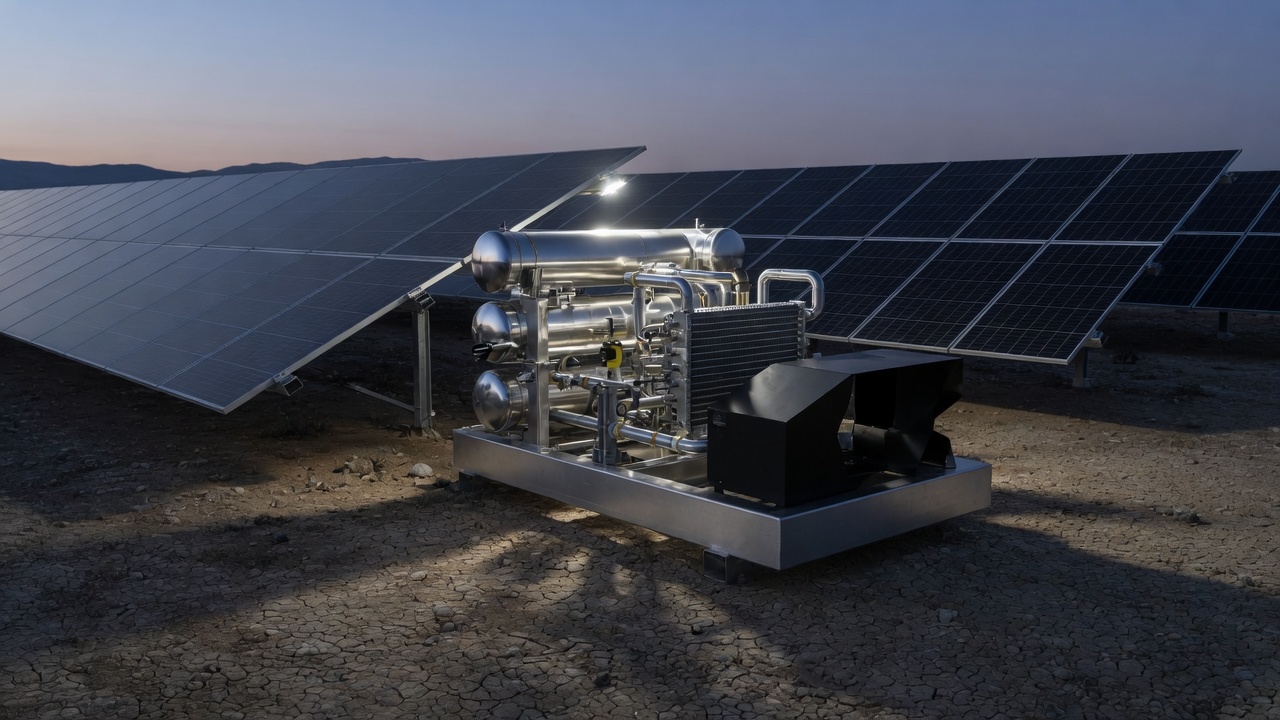 Stainless Energy-to-Molecule conversion skid beside solar arrays.