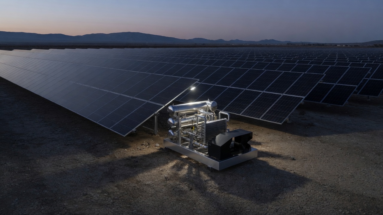 An Energy-to-Molecule skid at the edge of a dusk solar farm.