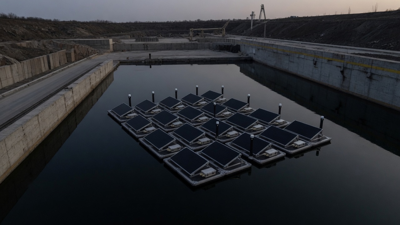 A grid of modular floating solar nodes on a dark industrial reservoir.